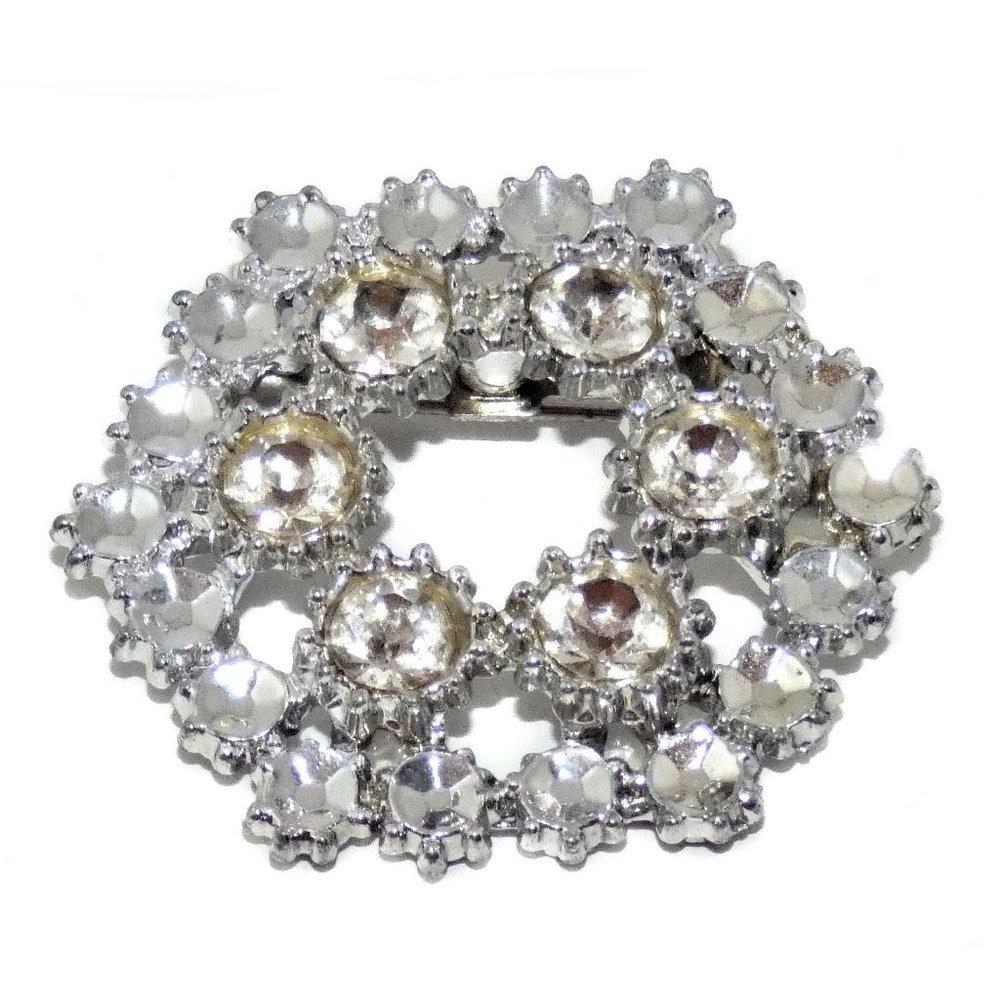 Vintage Brooch Silver Tone Rhinestones Hexagon - Picture 2 of 4